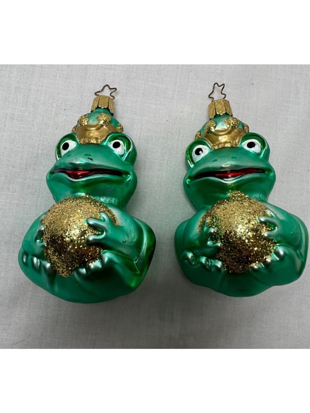 Inge-Glas of Germany Glass Pair Of Green Frog Prince Christmas Ornaments With G